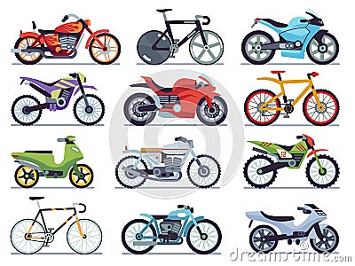 Motorbike set. Motorcycles and scooters, bikes and choppers. Speed race and delivery retro and modern vehicles flat Vector Illustration