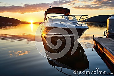 motorboat docked during sunset with light reflection on water Stock Photo