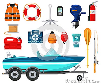 Motorboat equip vector illustration for outdoor water activity.Boat with motor and equipment for fishing leisure Vector Illustration