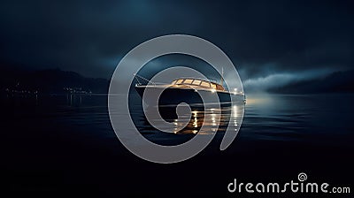 Motorboat with glowing lights parked in a mysterious dark lake. Solitary boat in dark water on a stormy night. Generative AI Stock Photo