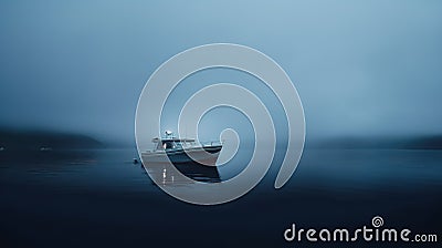 Motorboat in misty dark water in twilight. Solitary boat with a glowing light parked in a quiet, dark lake. Generative AI Stock Photo