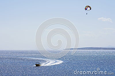 Motorboat parasailing on Mediterranean Sea Stock Photo