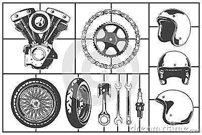 Motorcicle logo modeling elements set. Motor, wheel, chain, gearwheel, helmet, piston, wrench, spark plug. Vintage Motor Club Sign Vector Illustration