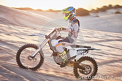 Motorcycle, athlete and sports outdoor with speed, fitness and riding in desert with extreme sport, fast and safety Stock Photo