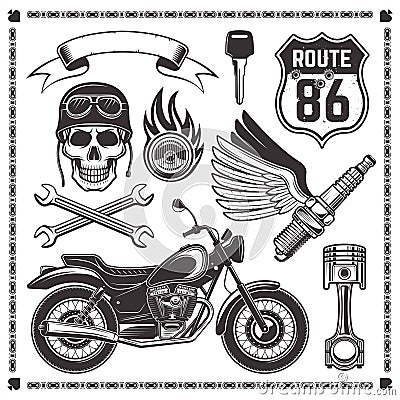 Motorcycle and attributes of bikers elements Vector Illustration