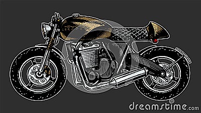 Motorcycle or Bike, retro motor bicycle. Hand drawn engraved monochrome sketch for racer, labels or posters, tattoo or t Vector Illustration