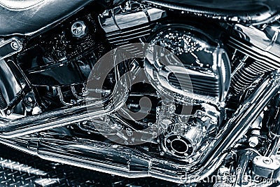 Motorcycle chromium engine exhaust pipes art photography Stock Photo