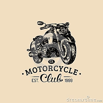 Motorcycle Club advertising poster.Vector hand drawn motorcycle for MC label. Vintage bike illustration for garage logo. Vector Illustration
