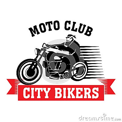 Motorcycle club logo. Emblem design. Red and black illustration of a biker rides a motorcycle Vector Illustration