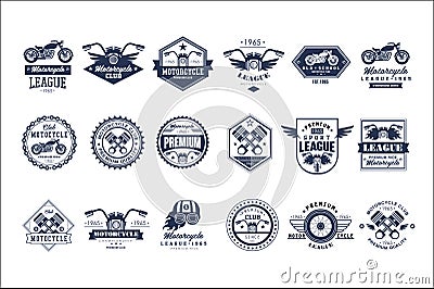 Motorcycle club logo template set, sport league retro vintage style emblems and badges vector Illustrations on a white Vector Illustration