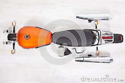 Motorcycle detail in top flat view with parts tank seat indicators and mufflers of vintage retro motorbike Stock Photo