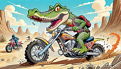 motorcycle dirt bike cycle alligator reptile smile desert track Cartoon Illustration