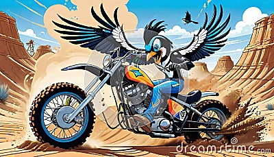 motorcycle dirt bike cycle magpie bird race track daredevil Cartoon Illustration