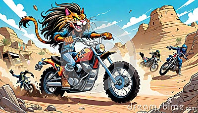 motorcycle dirt bike cycle scraggly mean street cat kitty biker Cartoon Illustration