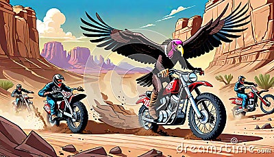 motorcycle dirt bike cycle turkey vulture condor bird desert track race Cartoon Illustration