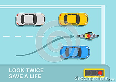 Motorcycle driver drives between lanes. Stop line at traffic light. Look twice, save a life warning design. Vector Illustration