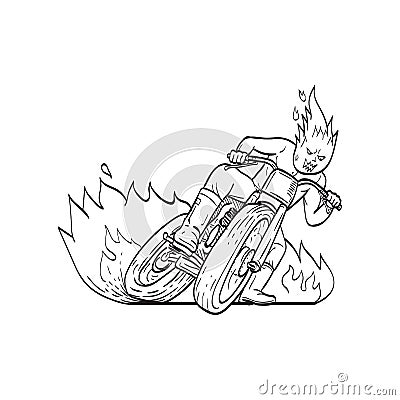 Motorcycle Driver with Fireball Head Driving Motorbike Flat Track Racing Line Art Drawing Black and White Vector Illustration