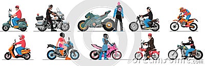 Motorcycle drivers. Transportation by bike. Motor scooter. Man or woman on motorbike. Delivery on moped. People drive Vector Illustration