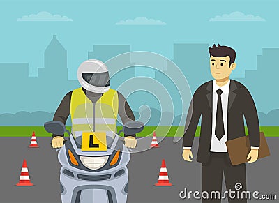 Learner motorcyclist practising to ride a moto. Examiner giving instructions about exam. Close-up view. Vector Illustration