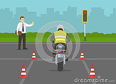 Motorcycle driving practice test with red cones. Llearner motorcyclist practising to ride a bike. Instructor makes a stop gesture. Vector Illustration