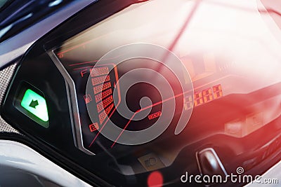 Motorcycle Gauges and Dashboards with Digital Oil Pressure Gauge displays and Turn Signal Lights ,warning lights Stock Photo