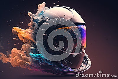 a motorcycle helmet with colorful smoke coming out of the side of the helmet and a man's face in the middle of the helmet Stock Photo