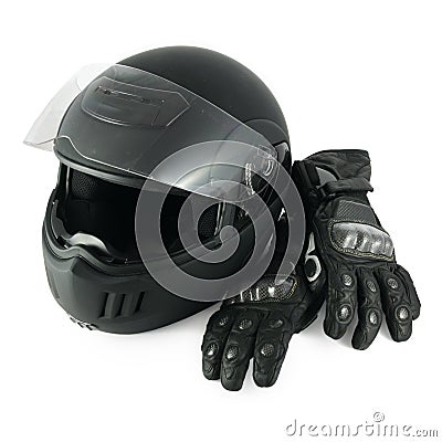 Motorcycle helmet and gloves Stock Photo