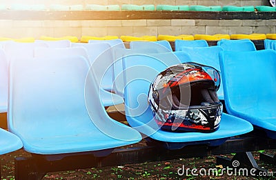 Motorcycle helmet on the stands seats Editorial Stock Photo