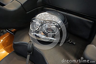 Motorcycle helmet with sunglasses and mirrored glasses Stock Photo