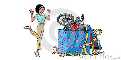 Motorcycle holiday gift box. African woman funny reaction isolate on white background Vector Illustration