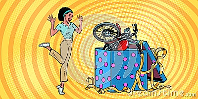 Motorcycle holiday gift box. African woman funny reaction joy Vector Illustration