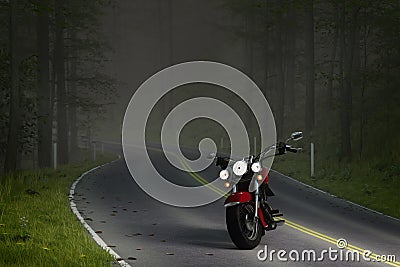 Motorcycle in the middle of an empty tree lined forest road. 3D rendering Cartoon Illustration