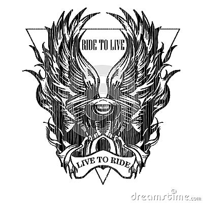 Motorcycle motor with wings emblem with triangle t shirt print Vector Illustration