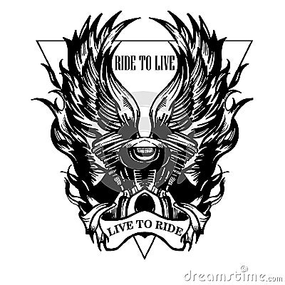 Motorcycle motor with wings emblem with triangle t shirt print Vector Illustration