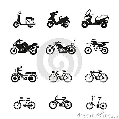 Motorcycle, motorbike, scooter, chopper and bicycle vector silhouette icons Vector Illustration