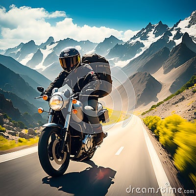 Motorcycle, mountain and couple on road for travel adventure, freedom and enjoying weekend together. Love, travelling mockup and Stock Photo