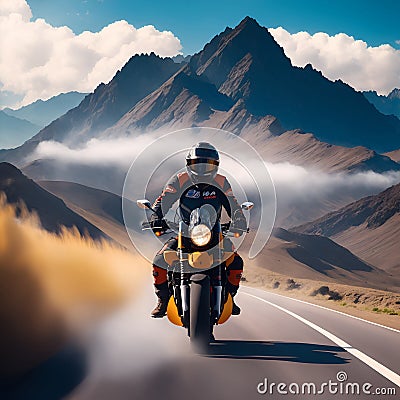 Motorcycle, mountain and couple on road for travel adventure, freedom and enjoying weekend together. Love, travelling mockup and Stock Photo