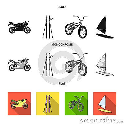 Motorcycle, mountain skiing, biking, surfing with a sail.Extreme sport set collection icons in black, flat, monochrome Vector Illustration