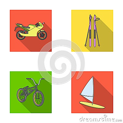 Motorcycle, mountain skiing, biking, surfing with a sail.Extreme sport set collection icons in flat style vector symbol Vector Illustration