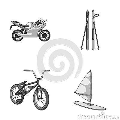 Motorcycle, mountain skiing, biking, surfing with a sail.Extreme sport set collection icons in monochrome style vector Vector Illustration