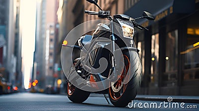 Motorcycle parked on city sidewalk, AI-generated. Stock Photo