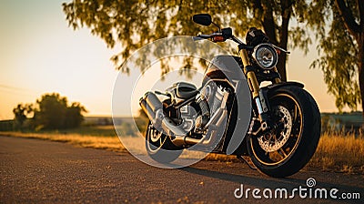 Dark Gold And Bronze Motorcycle Parked On The Road In The Evening Stock Photo