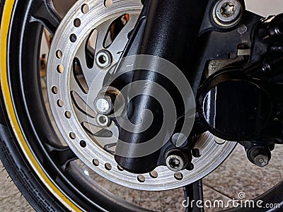 Motorcycle part series. Front wheel close up Stock Photo