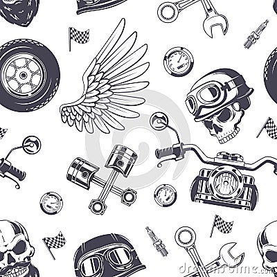 Motorcycle pattern. Extreme travelling symbols bike skull wings helmet exact vector seamless background Vector Illustration