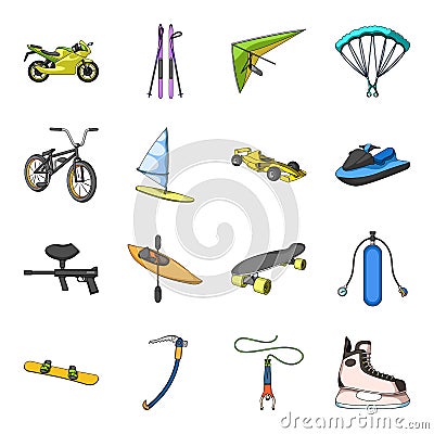 Motorcycle racing, downhill skiing, jumping, parachuting and other sports. Extreme sports set collection icons in Vector Illustration