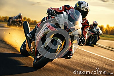 Motorcycle rider rides on the race track. Motosport Concept. Background with copy space. Stock Photo