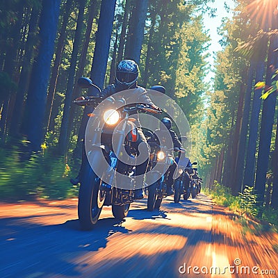Motorcycle riders cruise through scenic woods, creating an adventurous spectacle Stock Photo