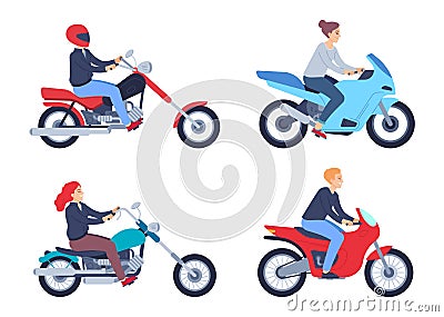 Motorcycle riders. People in helmet on scooter and motorcycle. Female and male characters driving sport and classic Vector Illustration