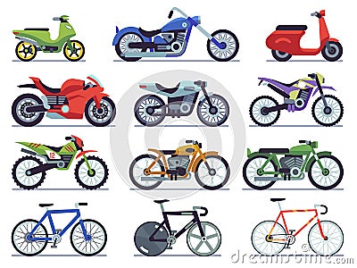 Motorcycle set. Motorbike and scooter, sport bike and chopper. Motocross race and delivery vehicles side view isolated Vector Illustration