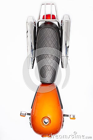 Motorcycle tank saddle and mufflers exhaust part motorbike in flat lay top view Stock Photo